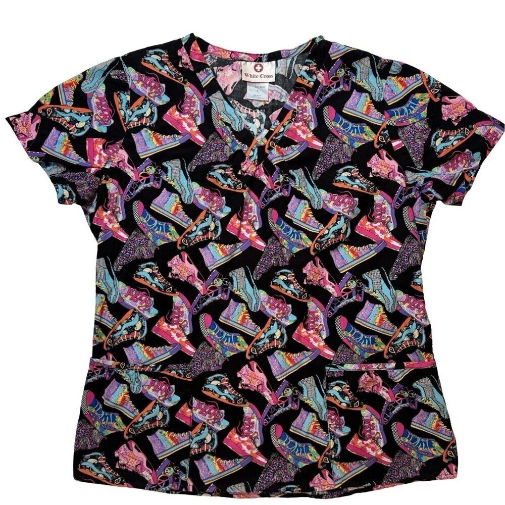 WHITE CROSS "Sneakers" Scrub Top Size‎ Small Black Multicolor Medical Uniform
